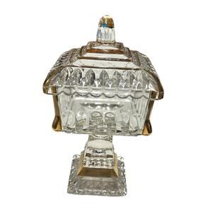 Vintage Jeanette Glass Covered Pedestal Wedding Box Candy Dish Compote Gold Trim